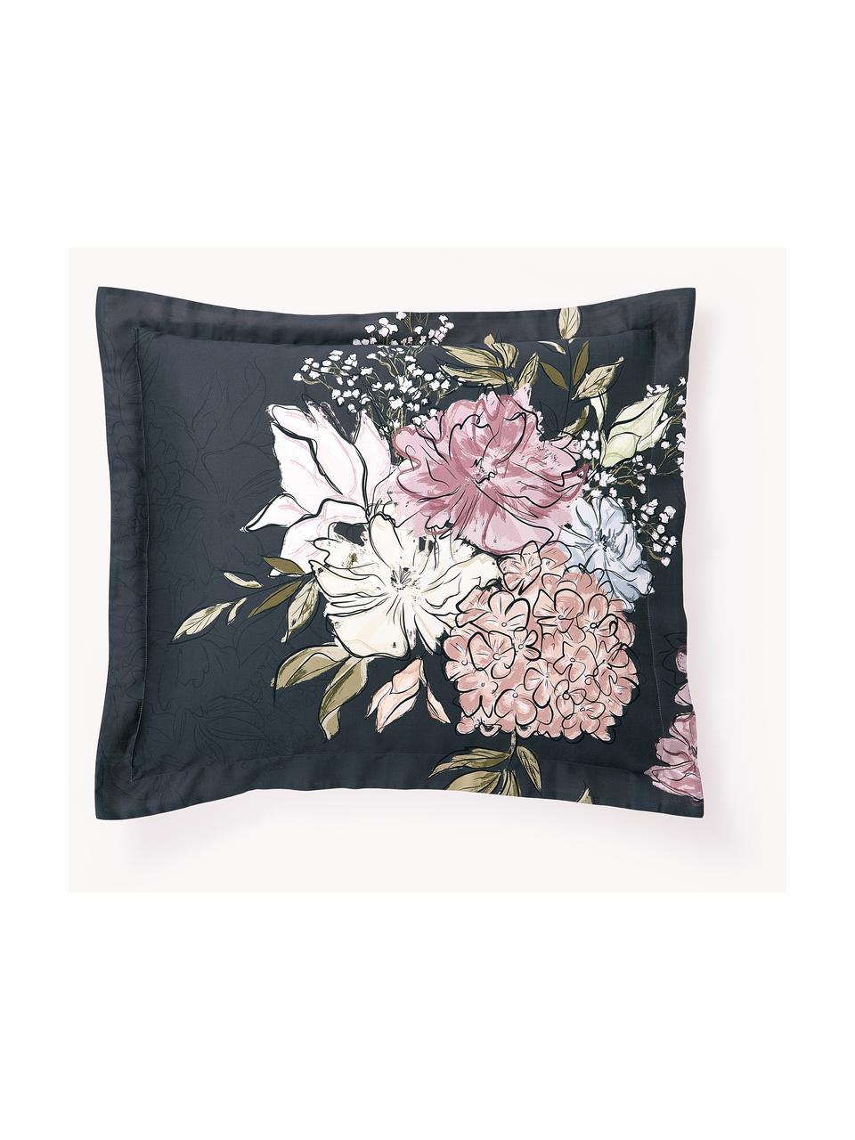 Baumwollsatin-Kopfkissenbezug Margot mit Blumen-Print, Webart: Satin Fadendichte 210 TC,, Dunkelblau, Hellbeige, B 40 x L 80 cm