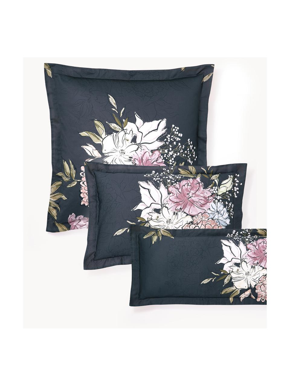 Baumwollsatin-Kopfkissenbezug Margot mit Blumen-Print, Webart: Satin Fadendichte 210 TC,, Dunkelblau, Hellbeige, B 40 x L 80 cm