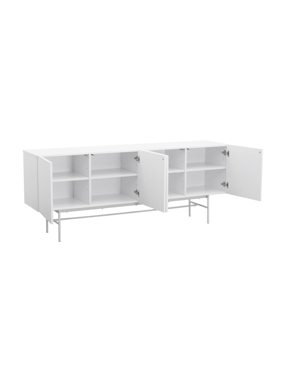 Modern dressoir Anders met deuren in wit, Frame: gelakt MDF, Poten: gepoedercoat metaal, Frame: wit. Poten: mat wit, 200 x 80 cm