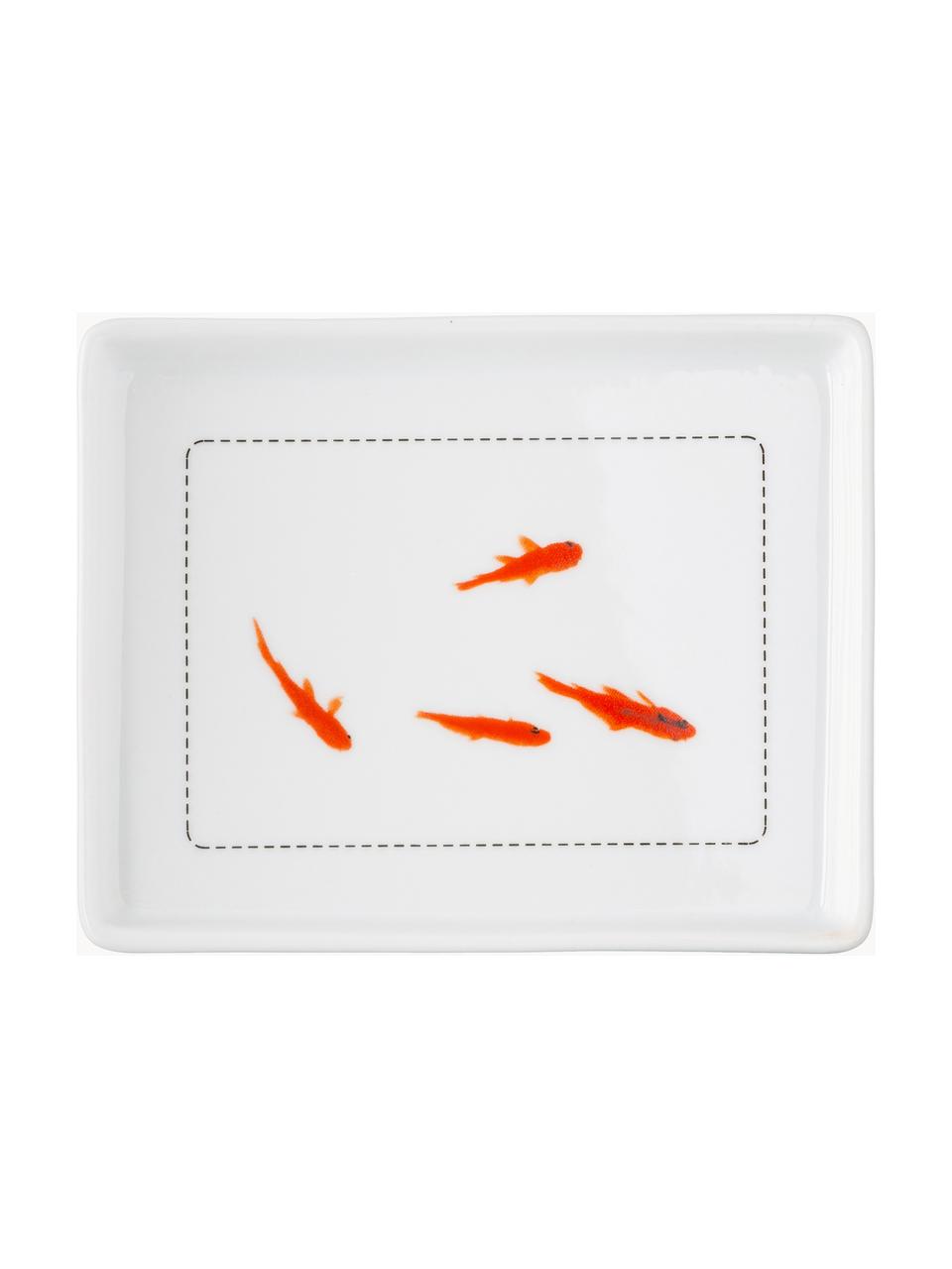 Beurrier poisson, Porcelaine, Couvercle : blanc Soucoupe : blanc, orange, noir, larg. 14 x haut. 6 cm