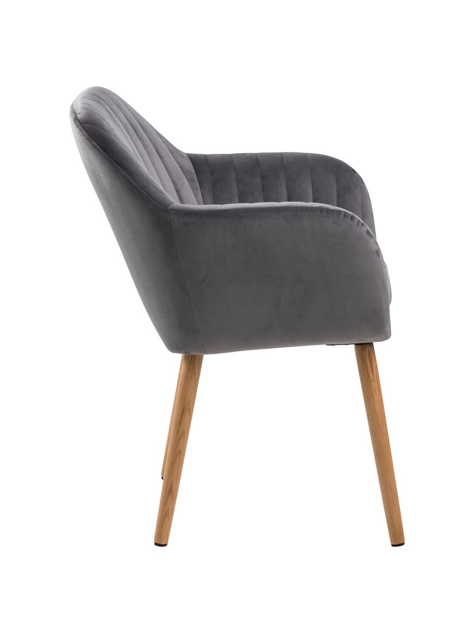 Sedia con braccioli in velluto e gambe in legno Emilia, Rivestimento: velluto di poliestere Il , Gambe: legno di quercia trattato, Velluto grigio scuro, legno di quercia, Larg. 57 x Prof. 59 cm