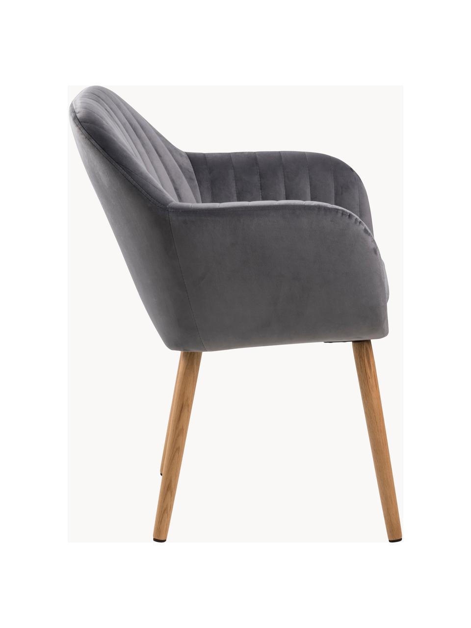 Silla de terciopelo con reposabrazos Emilia, Tapizado: terciopelo de poliéster A, Patas: madera de roble aceitado, Terciopelo gris oscuro, madera de roble, An 57 x F 59 cm