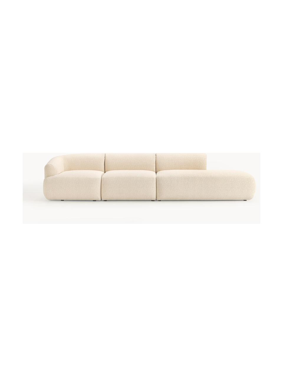 Diván modular grande en tejido bouclé Sofia, Tapizado: tejido bouclé (100% polié, Estructura: madera de abeto, tablero , Patas: plástico Este producto es, Bouclé beige claro, An 340 x F 103 cm, módulo esquina izquierda