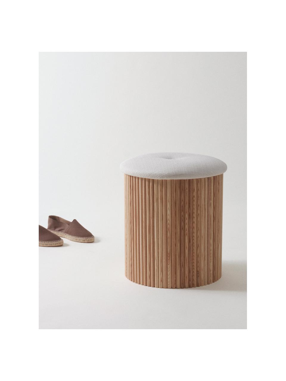 Pouf imbottito contenitore Darwin, Rivestimento: 100% poliestere Con 100.0, Tessuto bianco crema, legno di frassino chiaro, Ø 40 x Alt. 44 cm