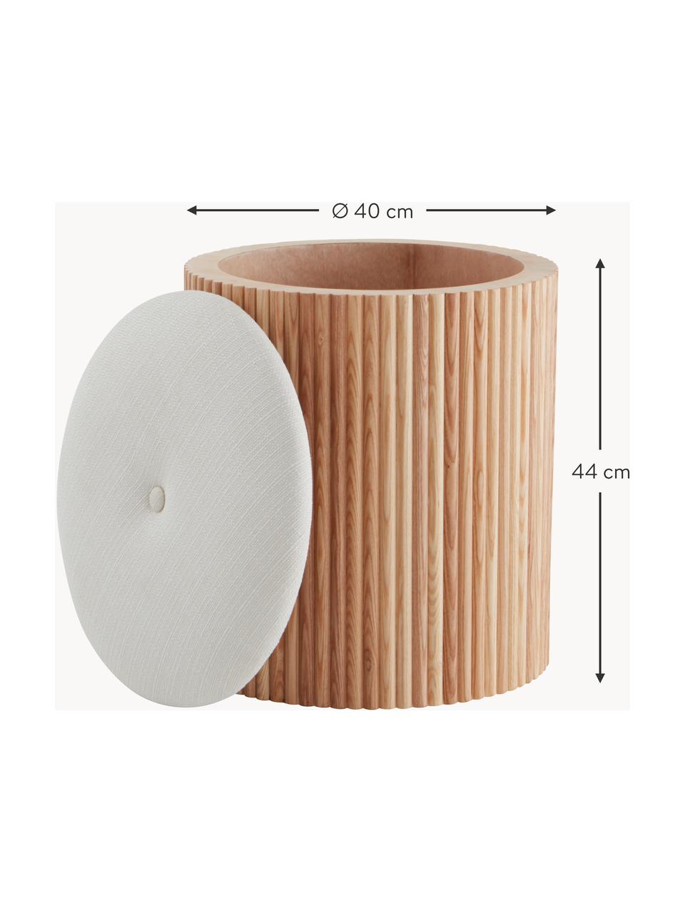 Pouf rembourré avec rangement Darwin, Tissu blanc crème, bois de frêne, Ø 40 x haut. 44 cm