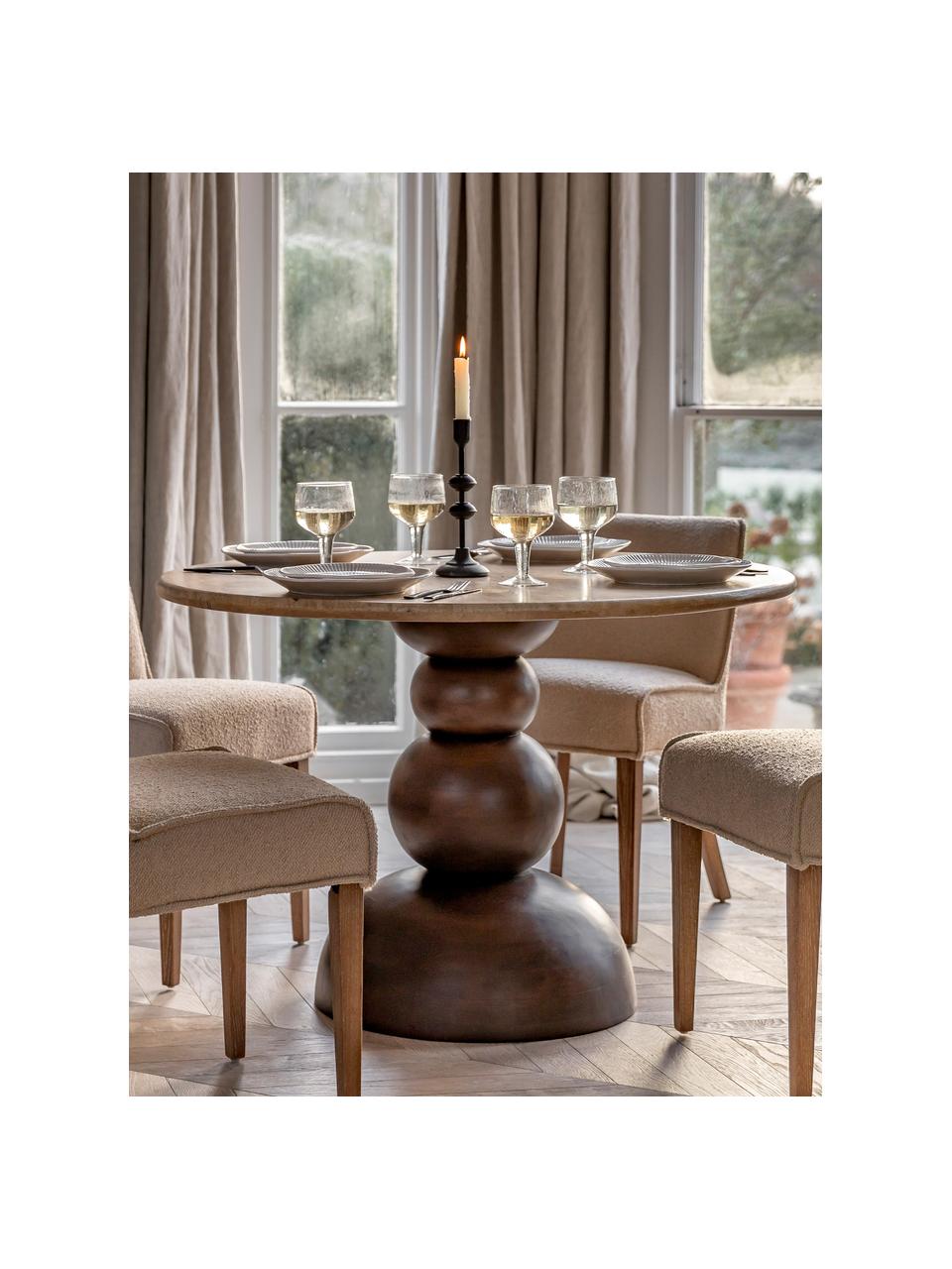 Table de salle à manger ronde avec plateau en travertin Sculpt, Ø 110 cm, Bois de manguier, beige Travertin, Ø 110 cm
