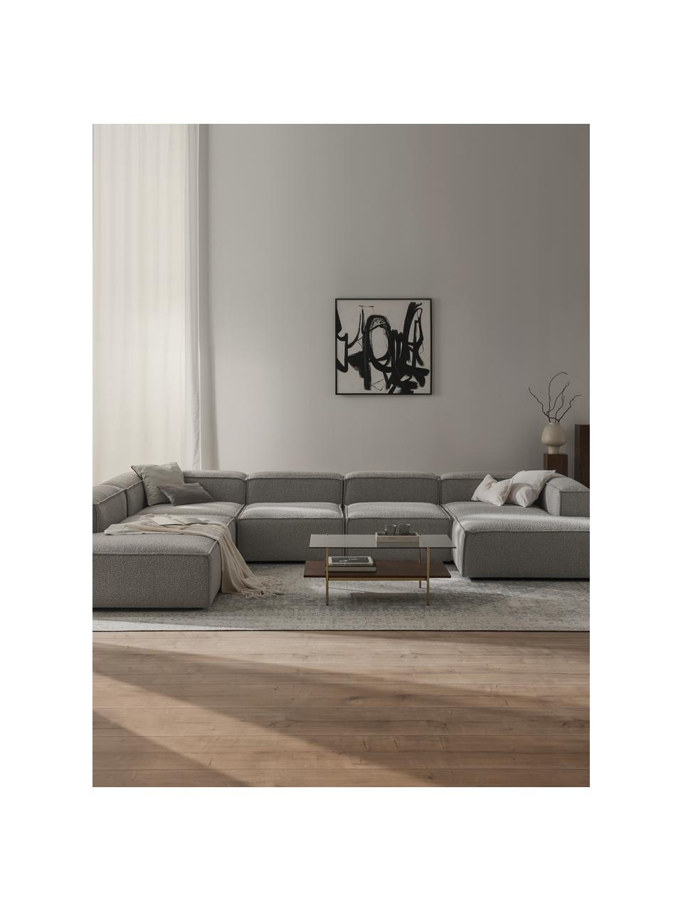 Divano componibile in bouclé Lennon, Rivestimento: bouclé (100% poliestere) , Struttura: legno di pino massiccio c, Piedini: plastica, Bouclé grigio chiaro, Larg. 418 x Prof. 269 cm, chaise longue a sinistra
