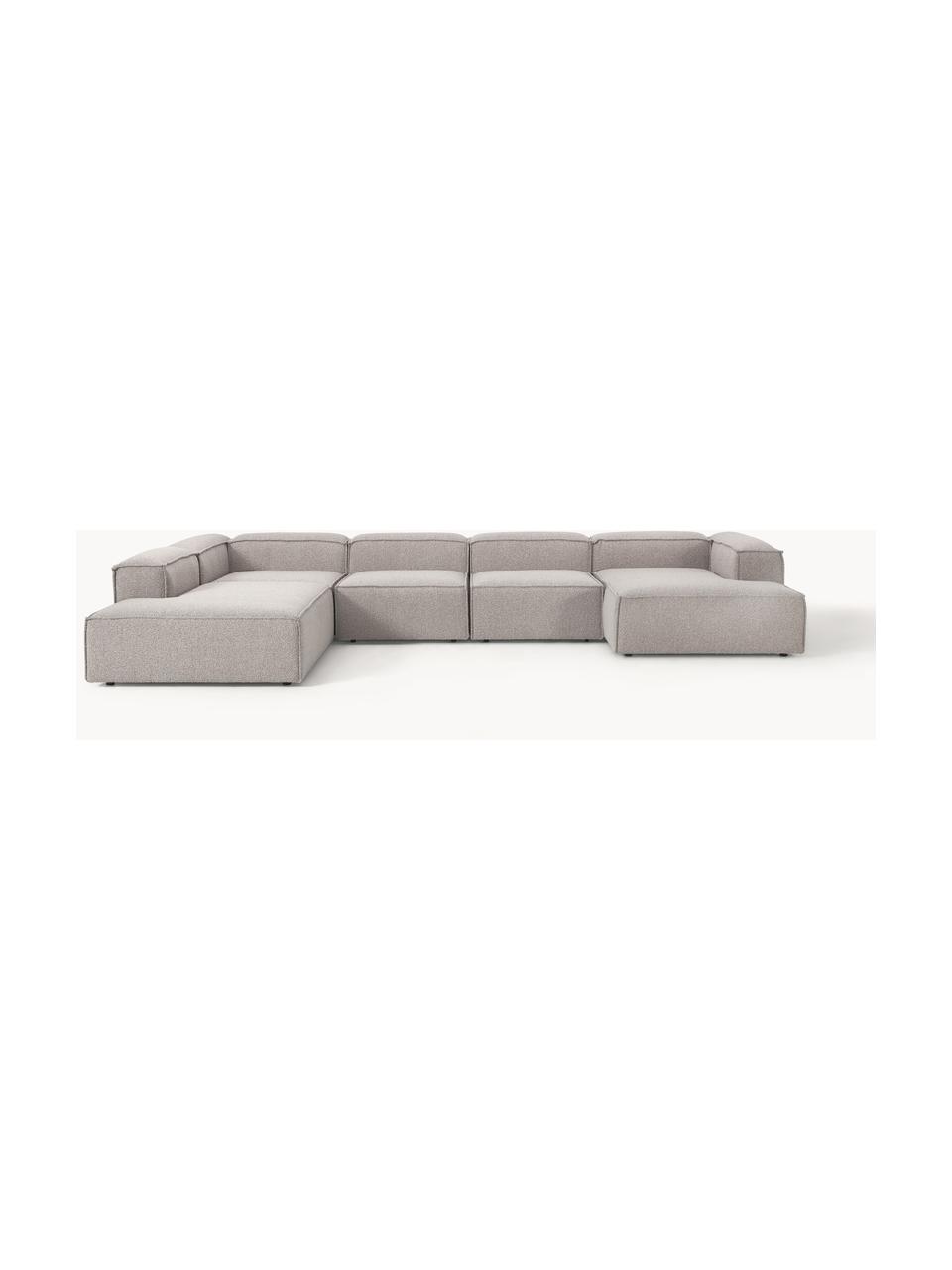 Sofá rinconera longue modular en tejido bouclé Lennon, Tapizado: tejido bouclé (100% polié, Estructura: madera contrachapada de p, Patas: plástico Este producto es, Bouclé gris pardo, An 418 x F 269 cm, chaise longue derecha