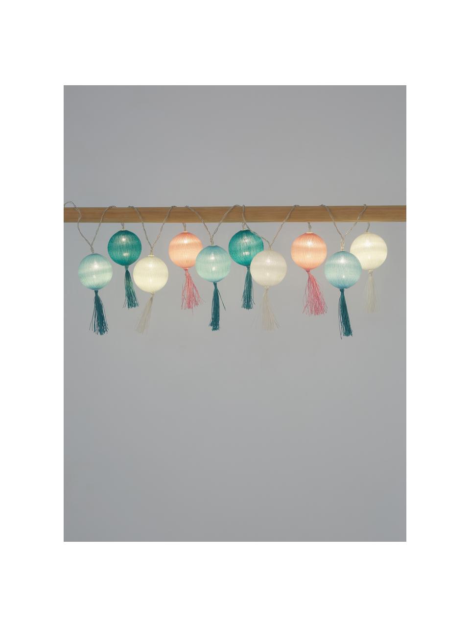 LED lichtslinger Jolly Tassel, 185 cm, Lampions: katoen, Wit, roze, blauwtinten, L 185 cm, 10 lampions