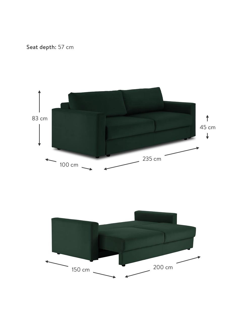 Sofa rozkładana z aksamitu z miejscem do przechowywania Tasha (3-osobowa), Tapicerka: aksamit (100% poliester) , Stelaż: lite drewno sosnowe z cer, Nogi: tworzywo sztuczne, Ciemnozielony aksamit, S 235 x G 100 cm