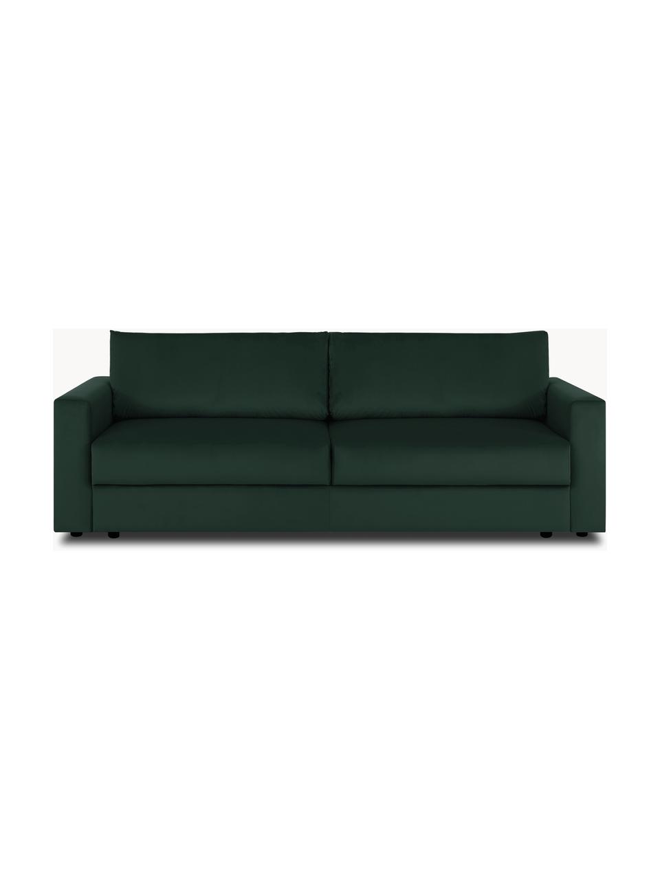 Sofa rozkładana z aksamitu z miejscem do przechowywania Tasha (3-osobowa), Tapicerka: aksamit (100% poliester) , Stelaż: lite drewno sosnowe z cer, Nogi: tworzywo sztuczne, Ciemnozielony aksamit, S 235 x G 100 cm