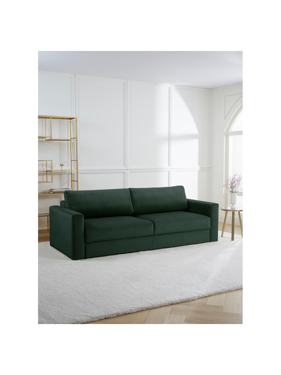 Samt-Schlafsofa Tasha (3-Sitzer) mit Stauraum, Bezug: Samt (100 % Polyester) De, Gestell: Massives Kiefernholz, Spe, Samt Dunkelgrün, B 235 x T 100 cm