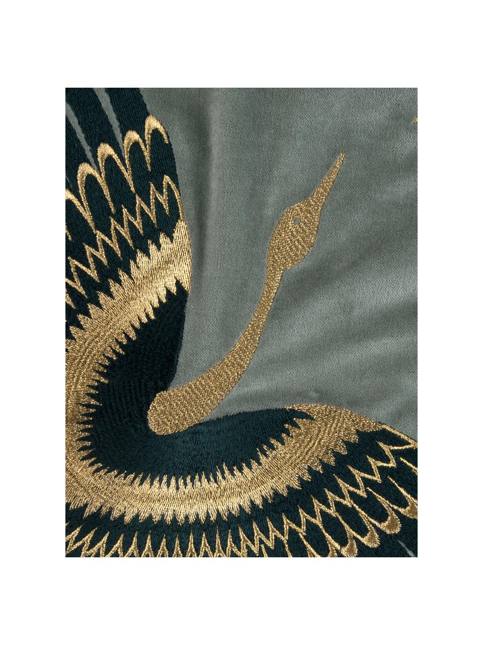 Geborduurde fluwelen kussenhoes Onyx met franjes, Franjes: polyester, Saliegroen, donkergroen, B 40 x L 40 cm