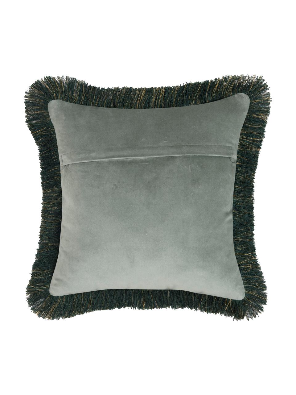 Copricuscino in velluto ricamato con frange Onyx, Frange: poliestere, Verde salvia, verde scuro, Larg. 40 x Lung. 40 cm