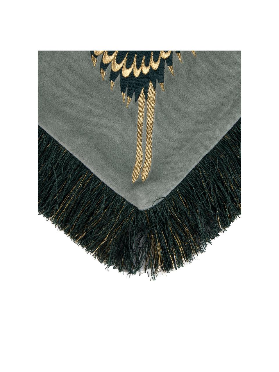 Geborduurde fluwelen kussenhoes Onyx met franjes, Franjes: polyester, Saliegroen, donkergroen, B 40 x L 40 cm