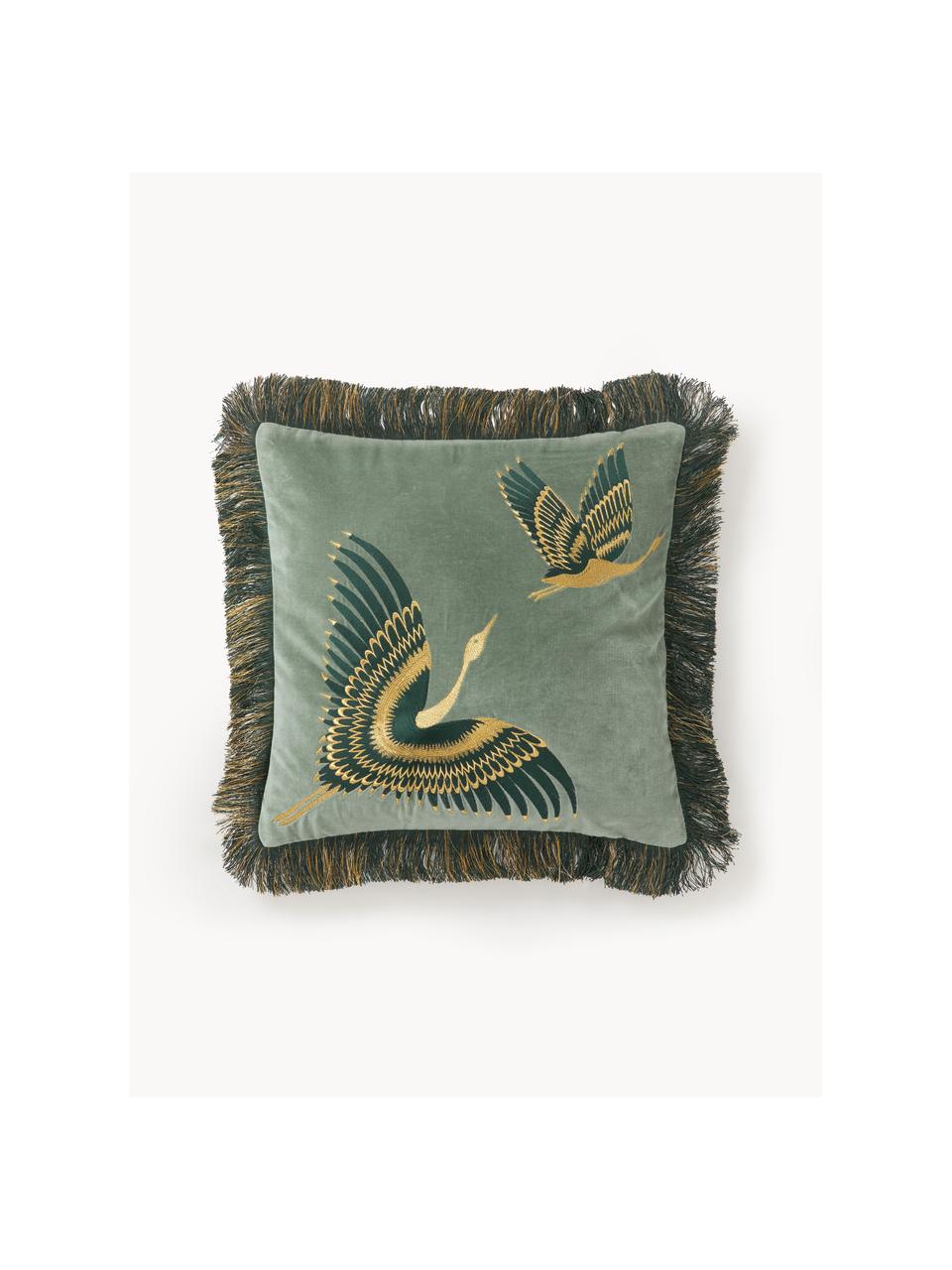 Housse de coussin 40x40 en velours brodé Onyx, Vert sauge, vert foncé, larg. 40 x long. 40 cm