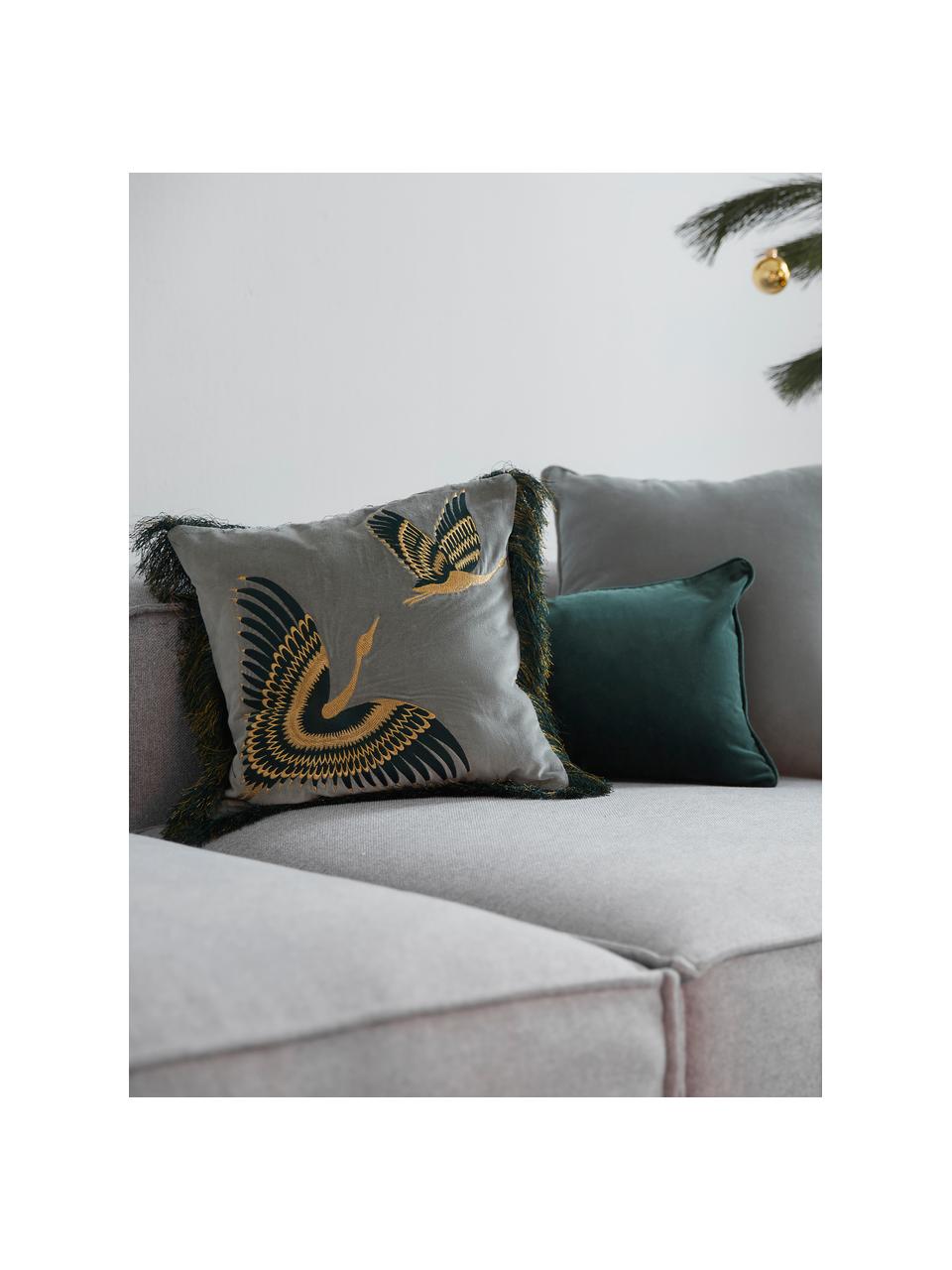 Geborduurde fluwelen kussenhoes Onyx met franjes, Franjes: polyester, Saliegroen, donkergroen, B 40 x L 40 cm