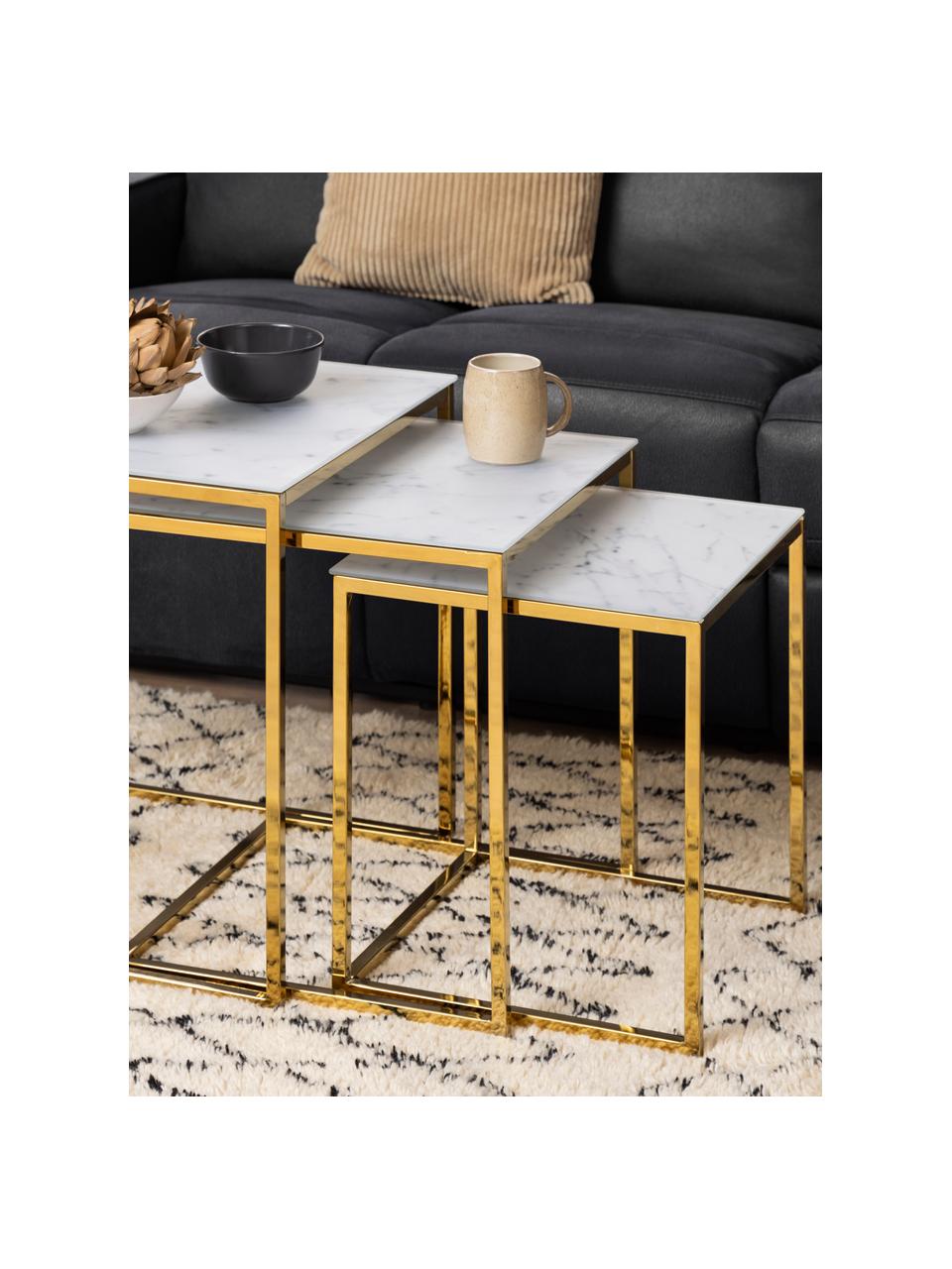 Set de mesas auxiliares en look mármol Aruba, 3 uds., con tablero de vidrio, Tablero: vidrio laminado, metal, e, Estructura: metal con pintura en polv, Mármol blanco, dorado, Set de diferentes tamaños