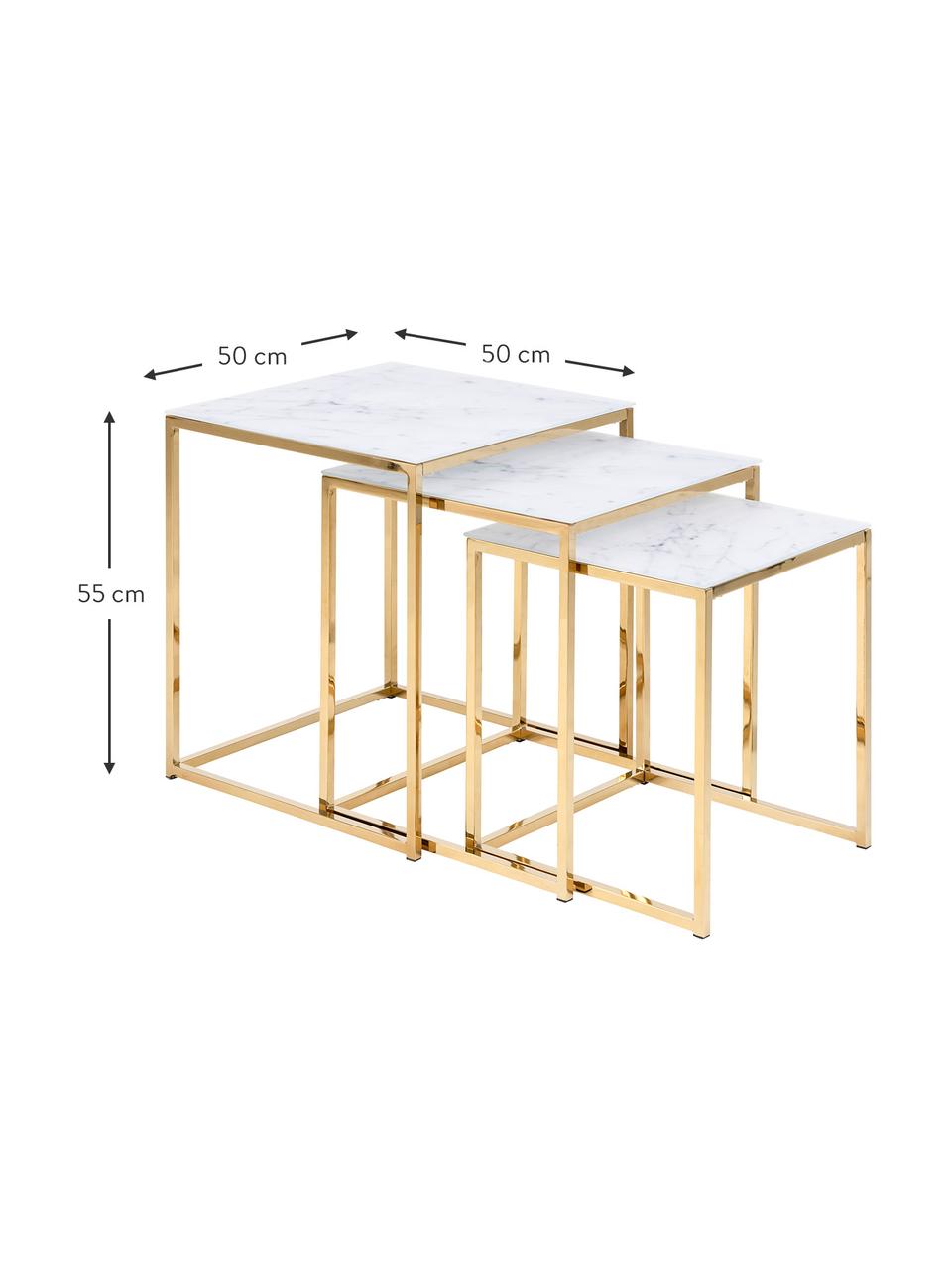 Komplet stolików pomocniczych ze szklanym blatem Aruba, 3 elem., Blat: szkło hartowane, metal, n, Stelaż: metal malowany proszkowo, Biały, marmurowy, odcienie złotego, Komplet z różnymi rozmiarami