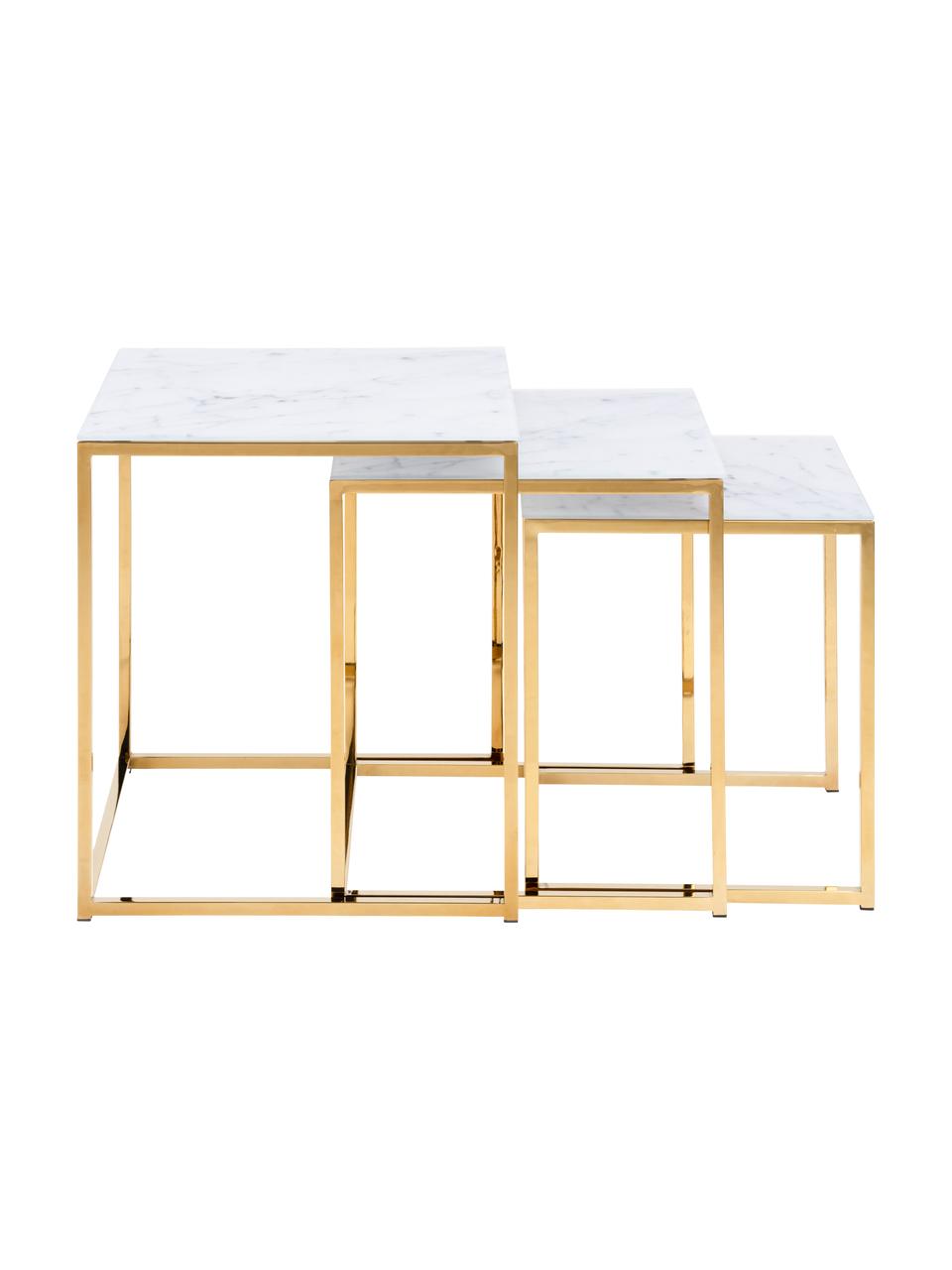 Súprava pomocných stolíkov so sklenenou doskou Aruba, 3 diely, Biela, odtiene zlatej, Súprava s rôznymi veľkosťami