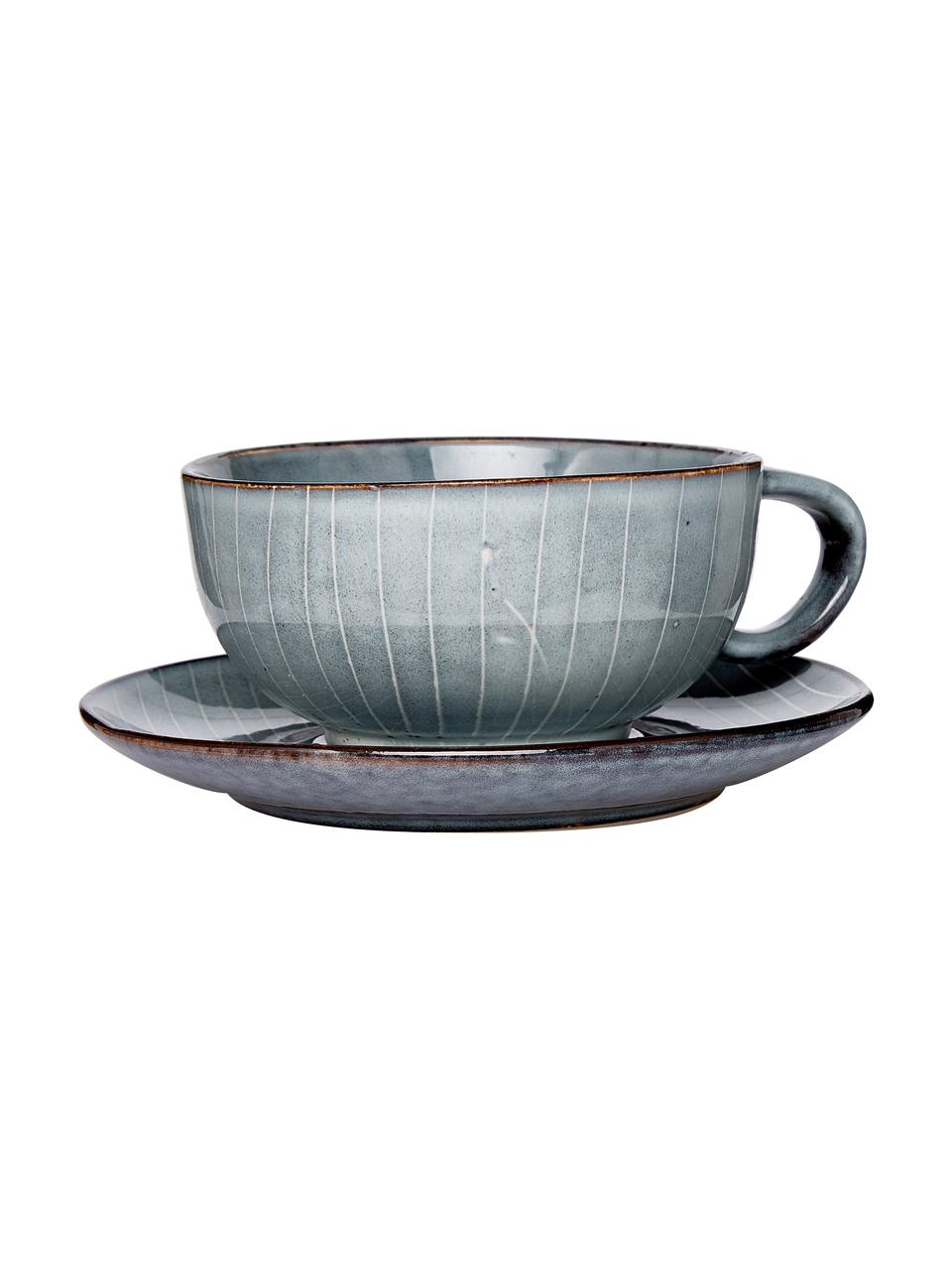 Taza artesanal con platillo Nordic Sea, 2 pzas., Gres, Tonos grises y azules, Ø 11 x Al 5 cm, 250 ml