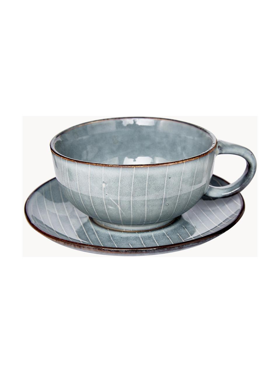 Taza artesanal con platillo Nordic Sea, 2 pzas., Cerámica de gres, Gris azulado jaspeado, Ø 11 x Al 5 cm, 250 ml