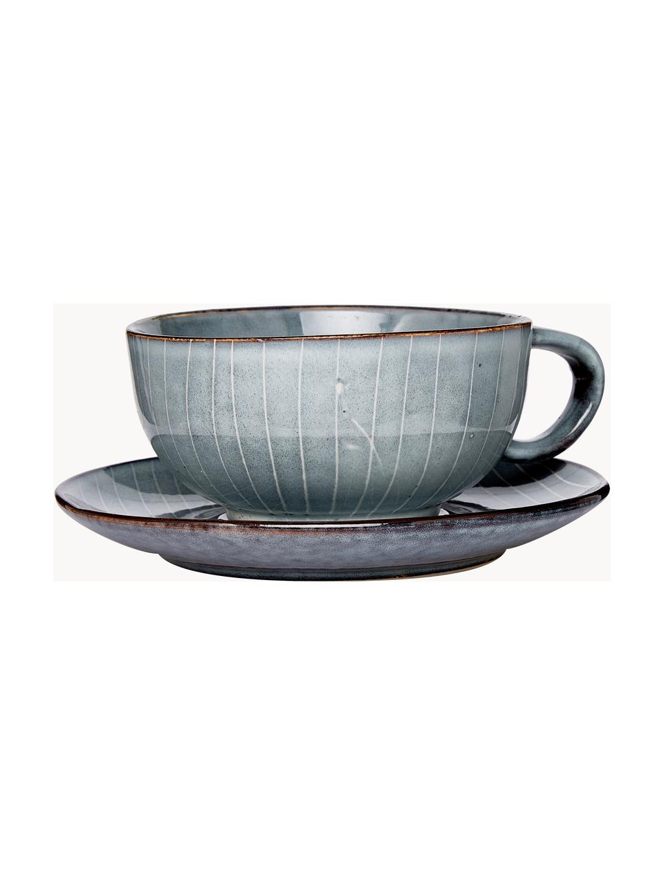 Handgemachte Teetasse Nordic Sea mit Untertasse, Steingut, Graublau, gesprenkelt, Ø 11 x H 5 cm, 250 ml