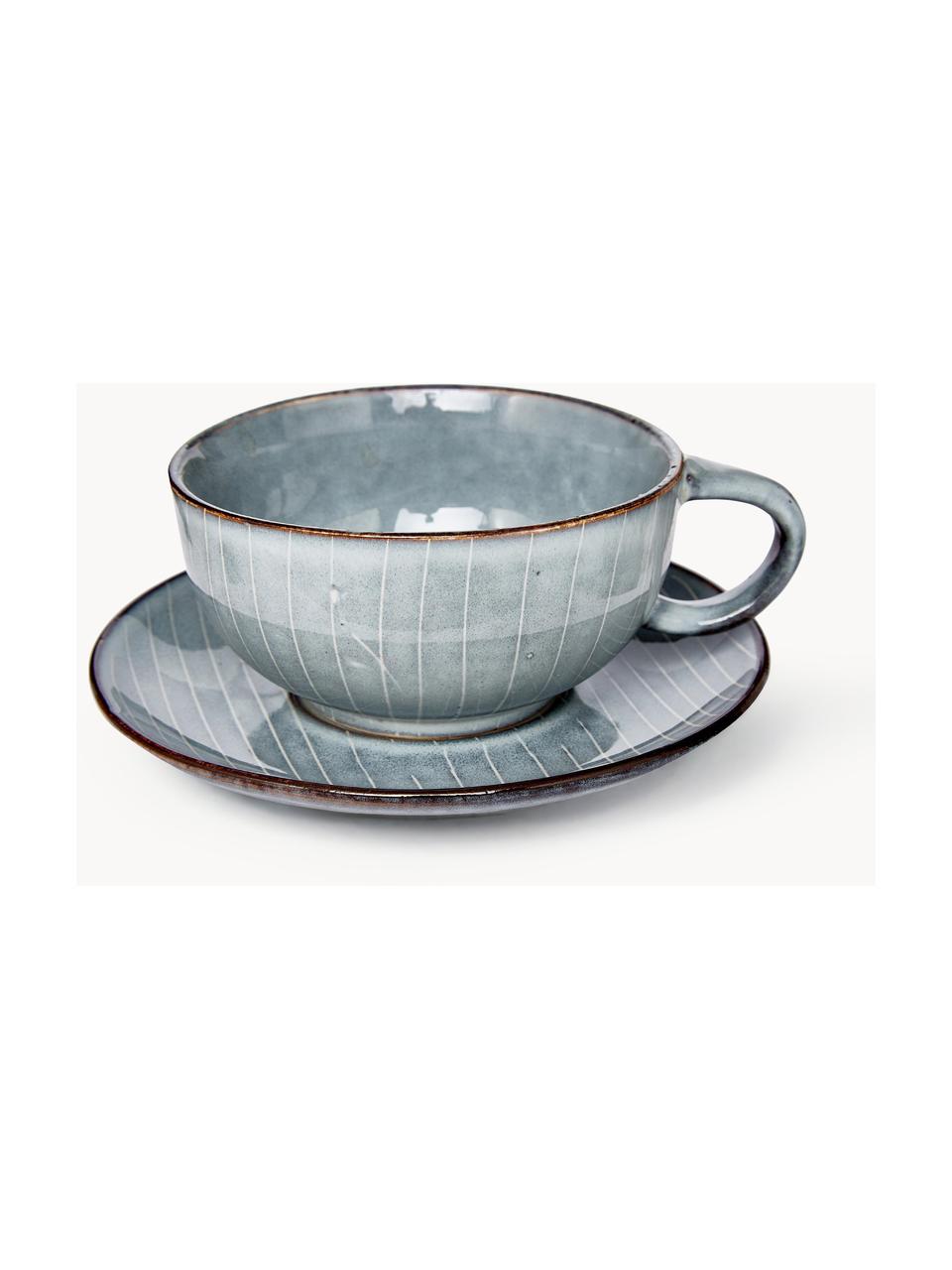 Handgemachte Teetasse Nordic Sea mit Untertasse, Steingut, Graublau, gesprenkelt, Ø 11 x H 5 cm, 250 ml