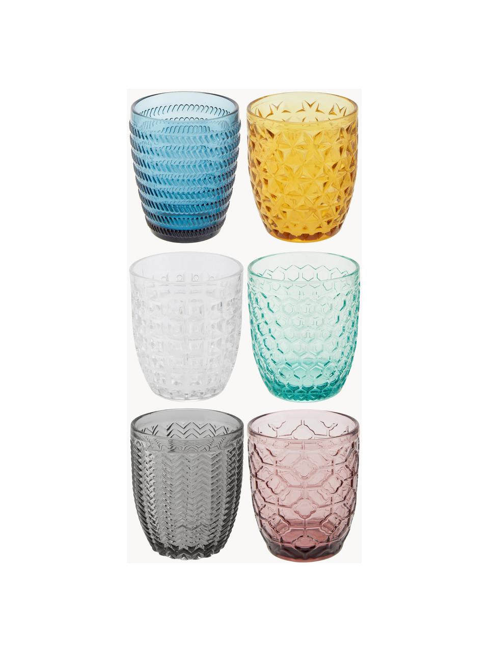 Vasos de colores con relive Geometrie, 6 uds., Vidrio, Multicolor transparente, Ø 8 x Al 10 cm, 240 ml