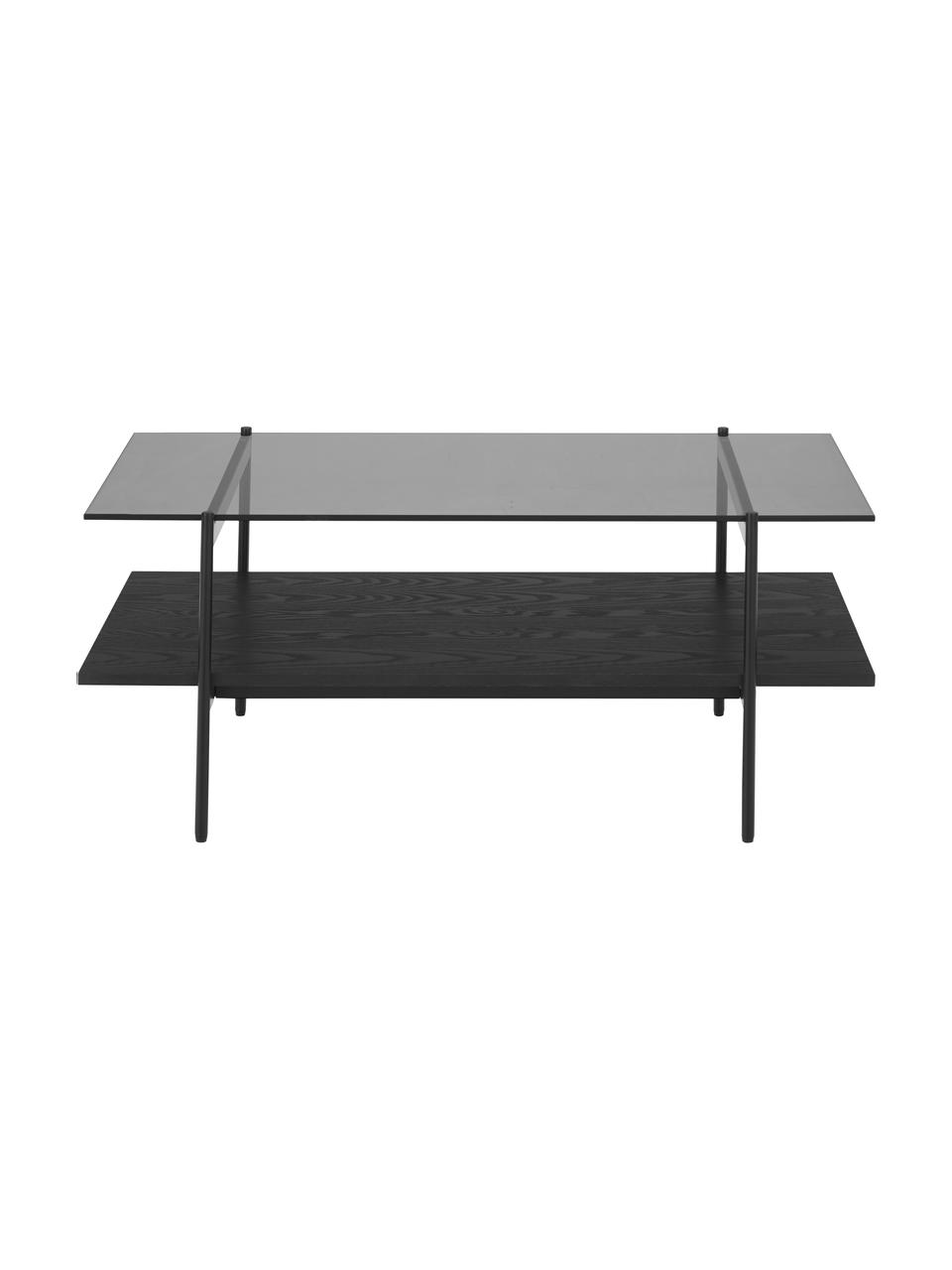 Mesa de centro Valentina, tablero de vidrio, Tablero: vidrio, Estante: tablero de fibra de densi, Estructura: metal con pintura en polv, Madera de fresno pintado en negro, An 100 x F 53 cm