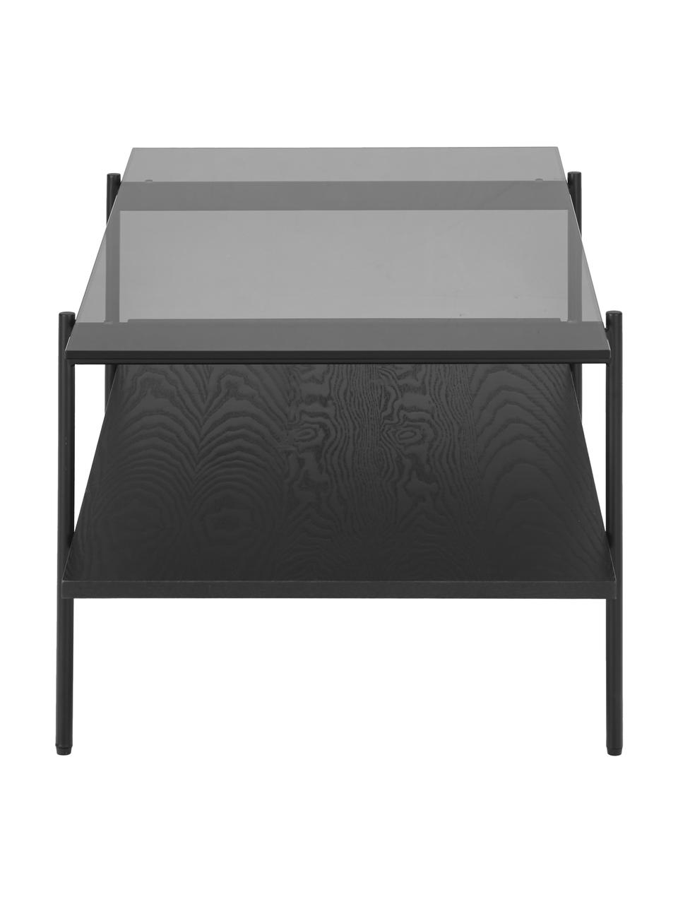 Stolik kawowy ze szklanym blatem Valentina, Blat: szkło, Stelaż: metal malowany proszkowo, Drewno jesionowe lakierowane na czarno, S 100 x G 53 cm