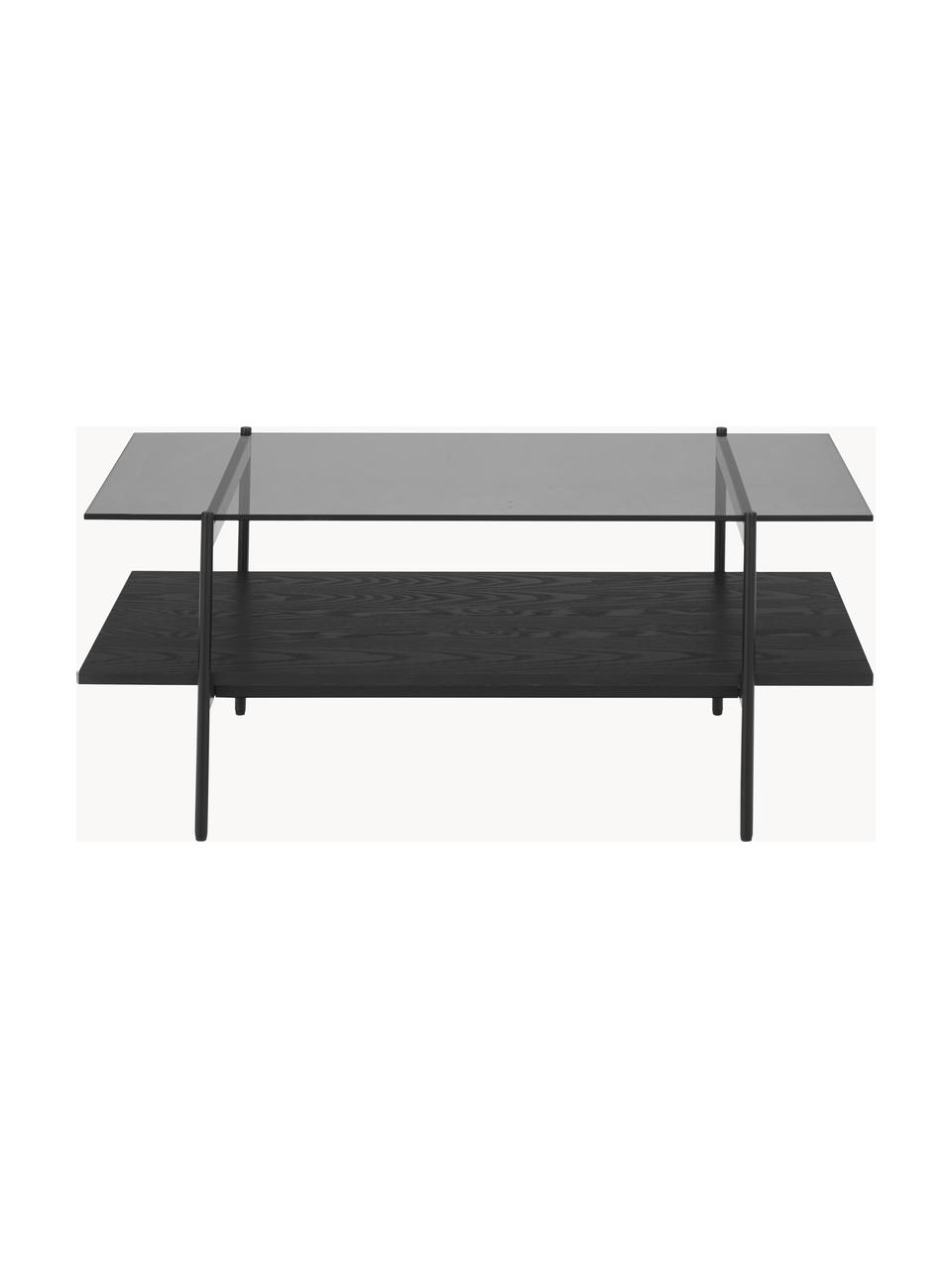 Couchtisch Valentina mit Glasplatte, Tischplatte: Glas, Ablagefläche: Mitteldichte Holzfaserpla, Gestell: Metall, pulverbeschichtet, Eschenholz, schwarz lackiert, B 100 x T 53 cm