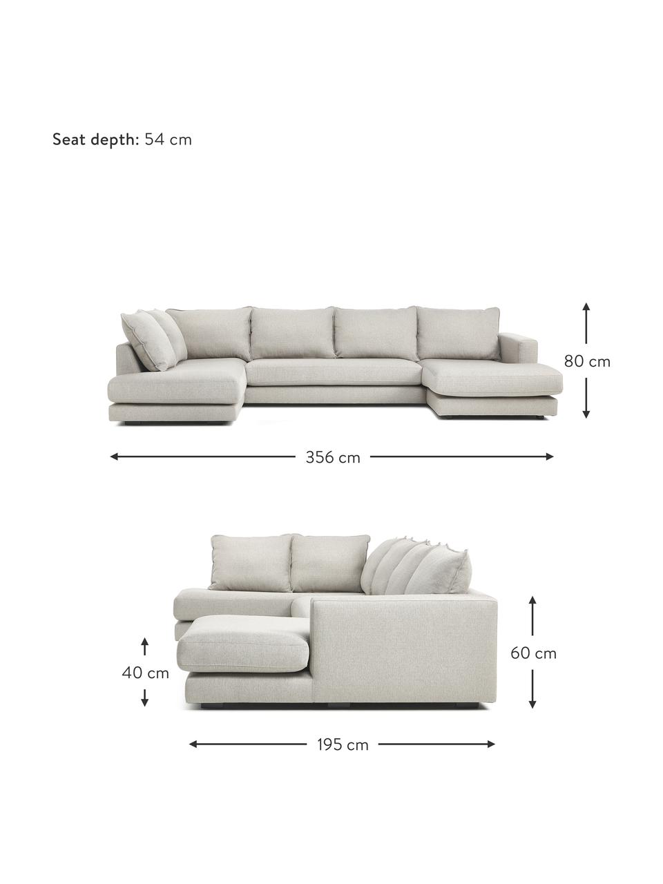 DIvano da soggiorno Tribeca, Rivestimento: 100% poliestere Il rivest, Struttura: legno di pino massiccio, Piedini: legno massiccio di faggio, Tessuto greige, Larg. 356 x Prof. 195 cm, chaise-longue a sinistra