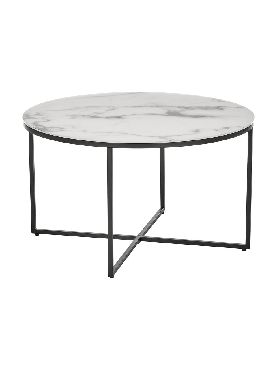 Tavolino rotondo da salotto con piano in vetro effetto marmo Antigua, Struttura: acciaio verniciato a polv, Bianco effetto marmo. nero, Ø 80 cm
