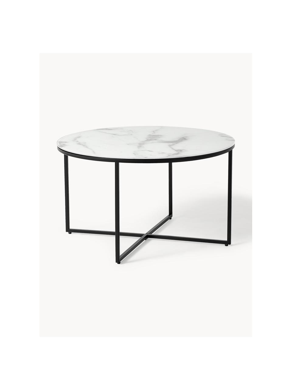 Mesa de centro redonda con tablero de vidrio en look mármol Antigua, Tablero: vidrio estampado en efect, Estructura: acero con pintura en polv, Aspecto mármol blanco, negro, Ø 80 cm