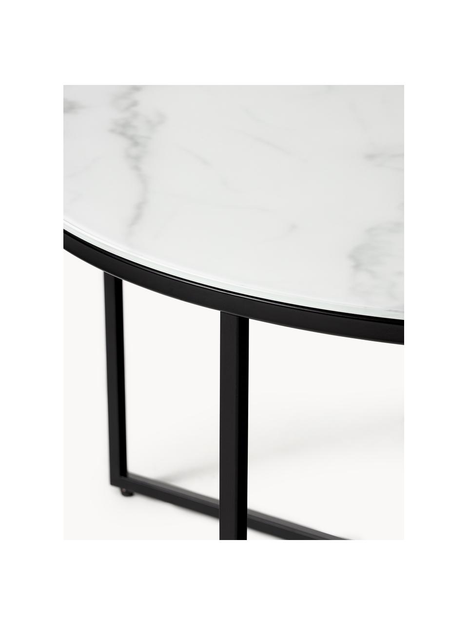 Runder Couchtisch Antigua mit Glasplatte in Marmor-Optik, Tischplatte: Glas, matt bedruckt, Gestell: Stahl, pulverbeschichtet, Marmor-Optik Weiss, Schwarz, Ø 80 cm