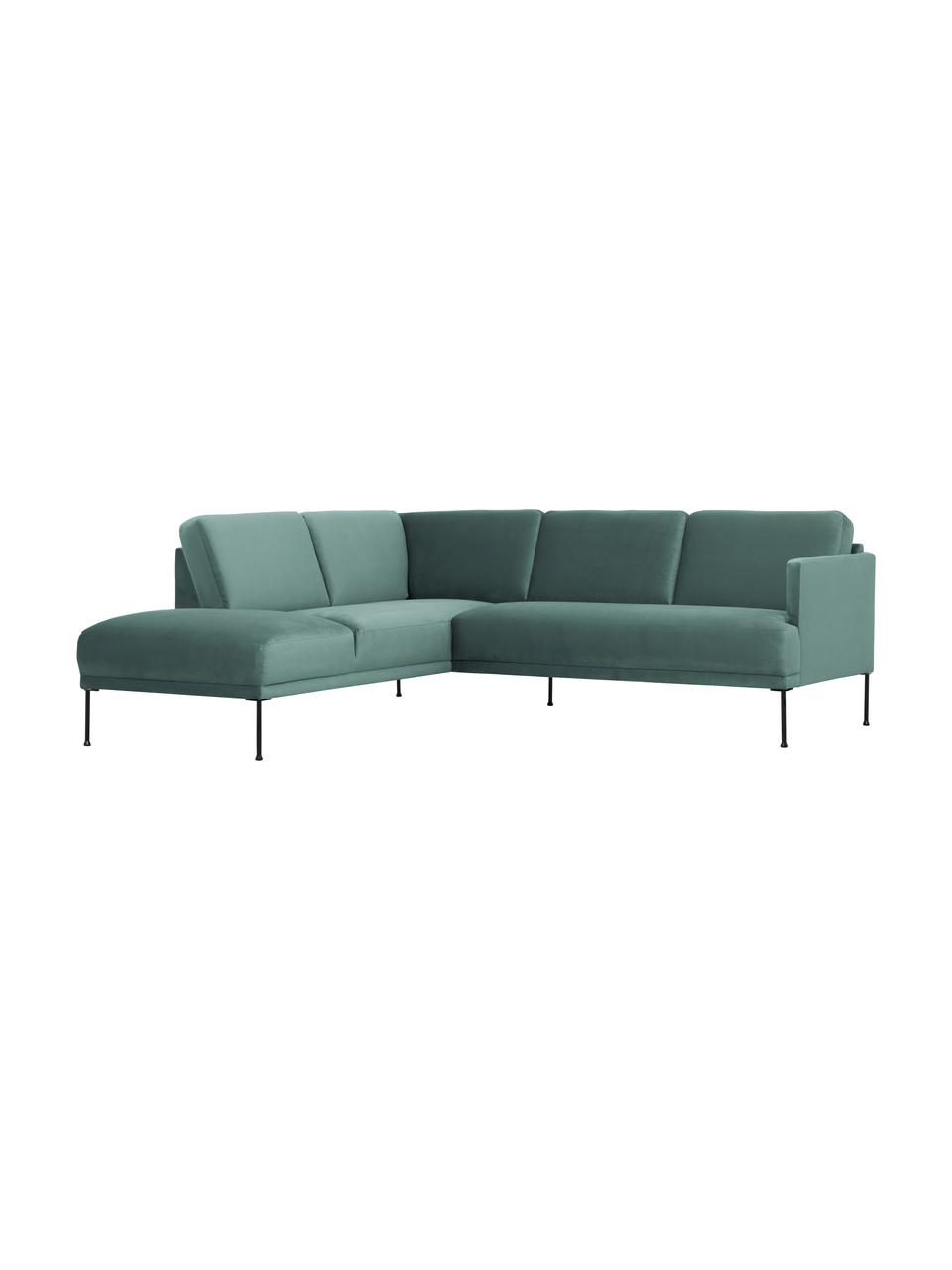Zamatová rohová pohovka s kovovými nohami Fluente, Zamatová svetlozelená, Š 221 x H 200 cm, ľavé rohové prevedenie