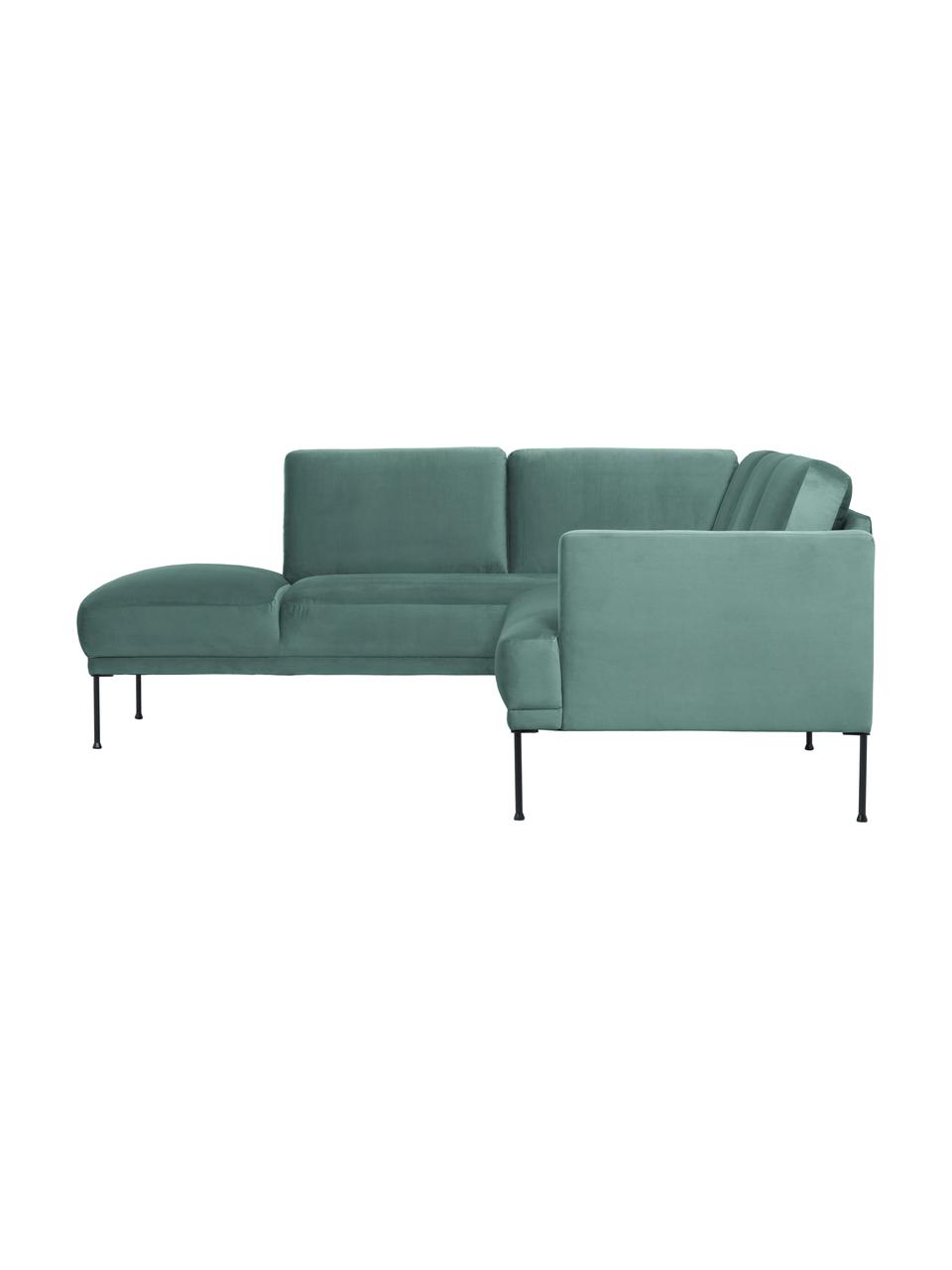 Sofa narożna z aksamitu z metalowymi nogami Fluente, Tapicerka: 100% poliester Dzięki tka, Stelaż: lite drewno sosnowe z cer, Nogi: metal malowany proszkowo, Jasnozielony aksamit, S 221 x G 200 cm, lewostronna