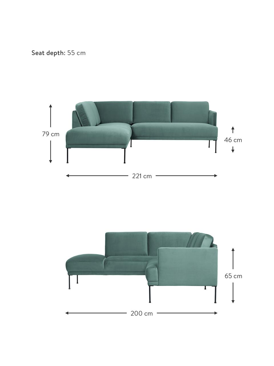 Sofa narożna z aksamitu Fluente, Tapicerka: 100% poliester Dzięki tka, Stelaż: lite drewno sosnowe z cer, Nogi: metal malowany proszkowo, Petrol aksamit, S 221 x G 200 cm, lewostronna