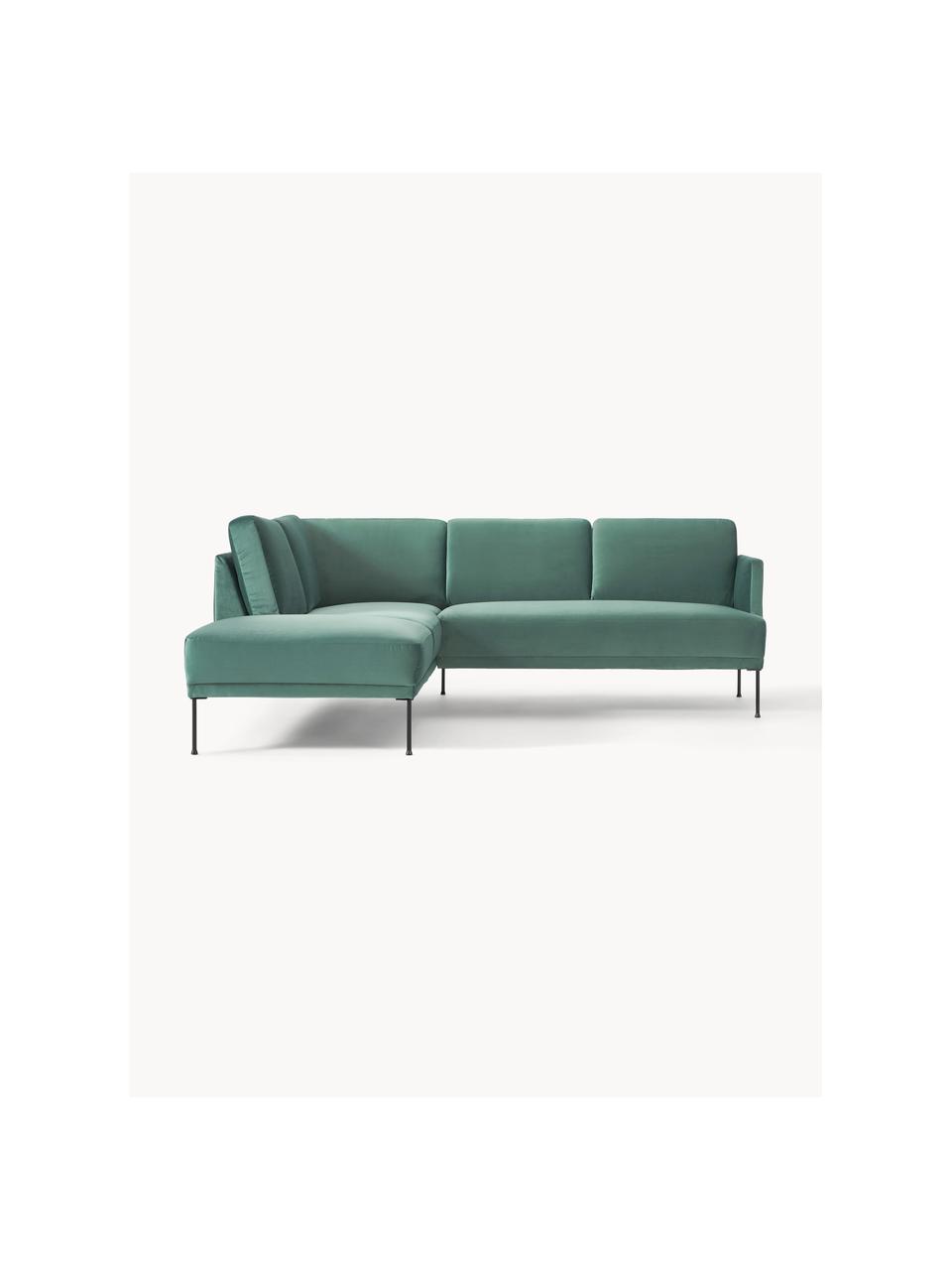 Samt-Ecksofa Fluente, Bezug: Samt (Hochwertiger Polyes, Gestell: Massives Kiefernholz, Füße: Metall, pulverbeschichtet, Samt Petrol, B 221 x T 200 cm, Eckteil links