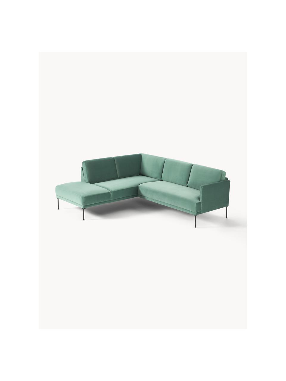 Samt-Ecksofa Fluente, Bezug: Samt (Hochwertiger Polyes, Gestell: Massives Kiefernholz, Füße: Metall, pulverbeschichtet, Samt Petrol, B 221 x T 200 cm, Eckteil links