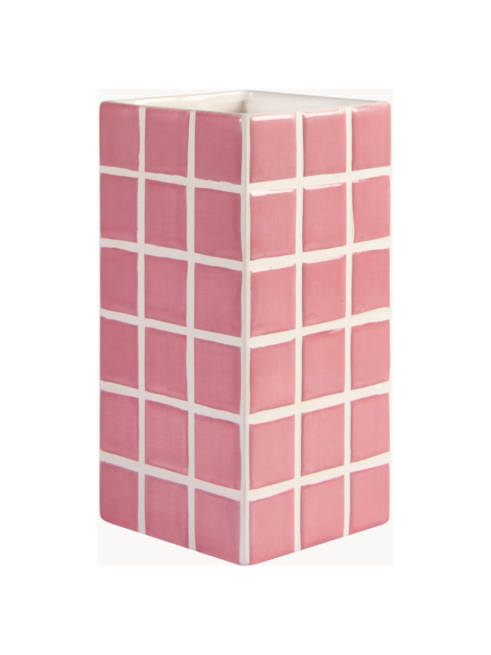 Vaso di design effetto piastrellato Tile, alt. 21 cm, Pietra dolomitica, Rosa antico, bianco latte, Larg. 11 x Alt. 21 cm