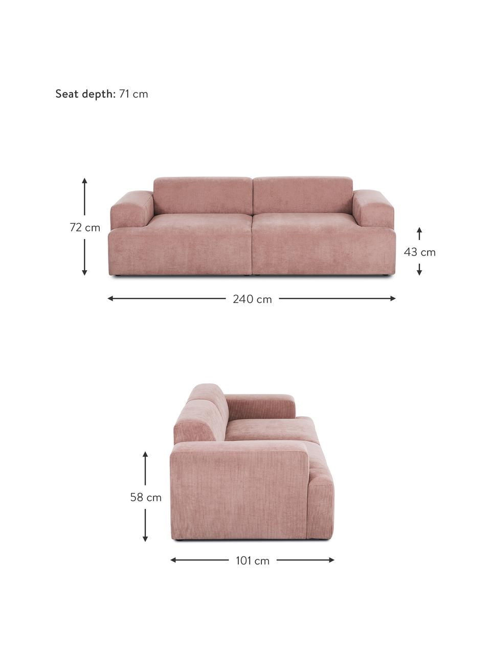 Corduroy bank Melva (3-zits) in roze, Bekleding: Koord (92% polyester, 8% , Frame: massief grenenhout, spaan, Poten: grenenhout De poten bevin, Roze, B 240 x D 101 cm