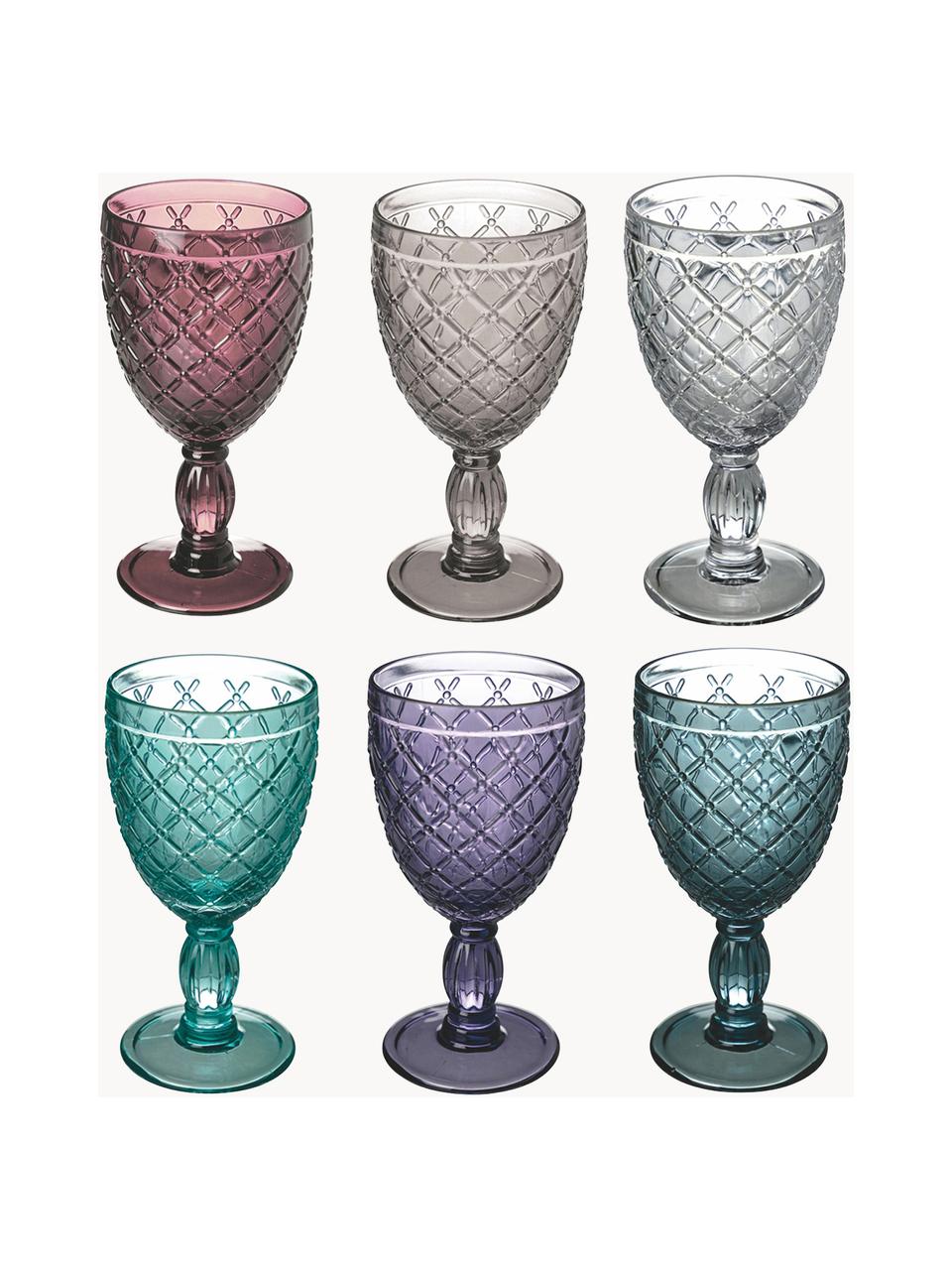 Verres à vin Rombi, 6 élém., Verre, Tons turquoise et lilas, transparent, Ø 9 x haut. 17 cm, 280 ml