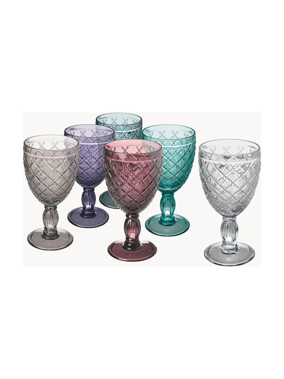 Verres à vin Rombi, 6 élém., Verre, Tons turquoise et lilas, transparent, Ø 9 x haut. 17 cm, 280 ml