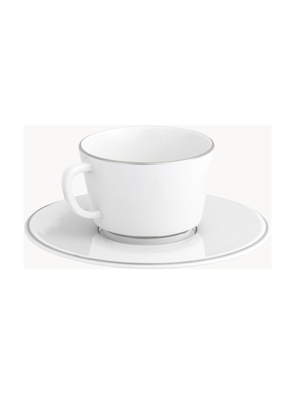 Handgefertigte XS Porzellan-Kaffeetassen Vitruv mit Untertassen und handgemaltem Platinrand, 2 Stück, Porzellan, Weiß mit Platinrand, Ø 12 x H 8 cm, 150 ml