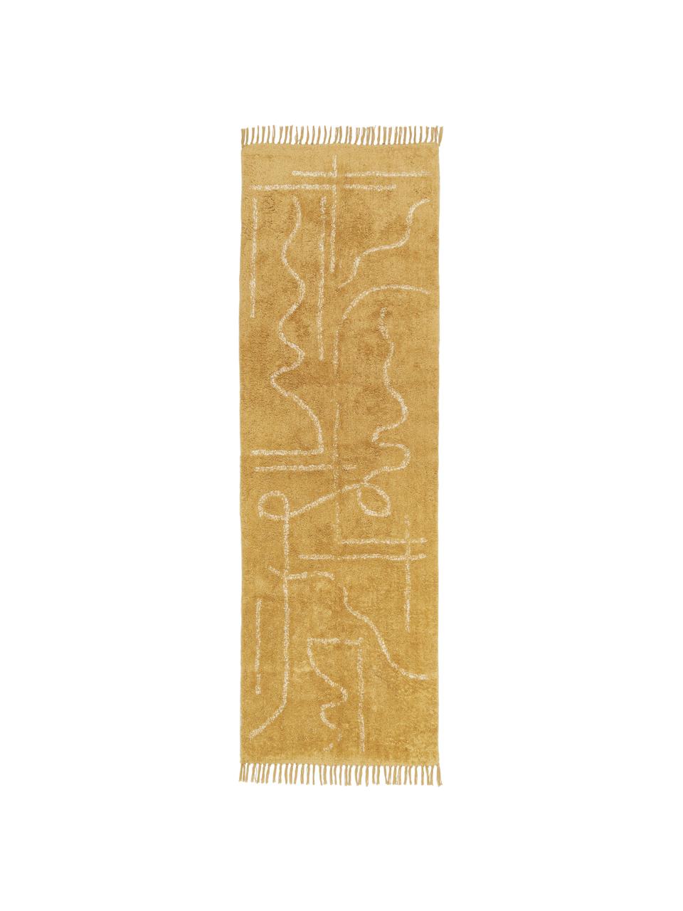 Ručně tkaný bavlněný běhoun s třásněmi Lines, Žlutá, se vzorem, Š 80 cm, D 250 cm
