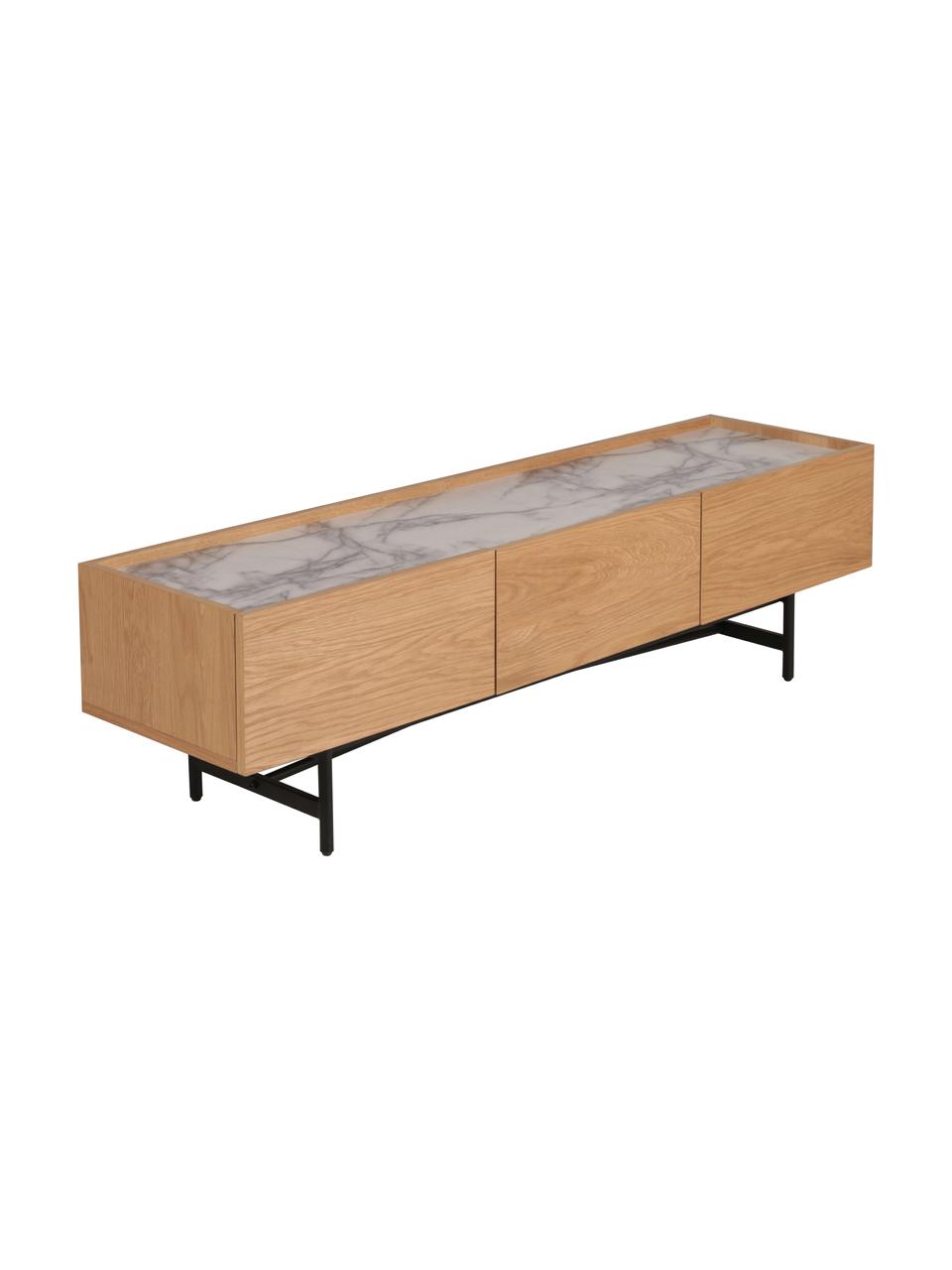 Tv-meubel Carare, Frame: MDF met eiken fineer, Poten: gecoat metaal, Tafelblad: marmer, Bruin, zwart, wit, gemarmerd, 160 x 45 cm