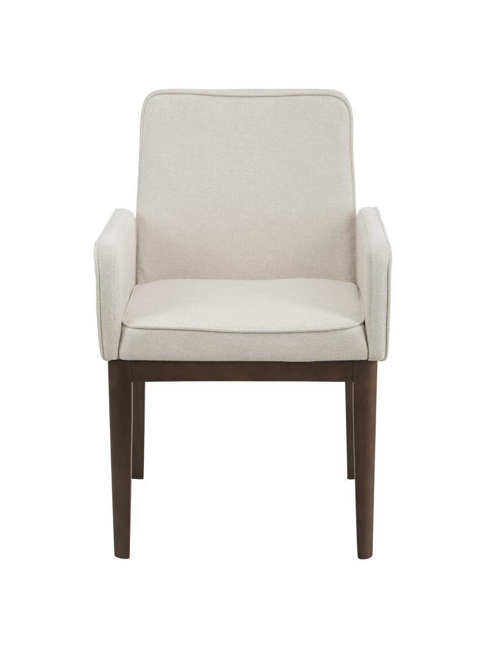 Silla con reposabrazos tapizada Koga, Tapizado: 100% poliéster Alta resis, Patas: madera de fresno, Estructura: metal, Tejido blanco crema, madera de fresno oscura, An 54 x Al 86 cm