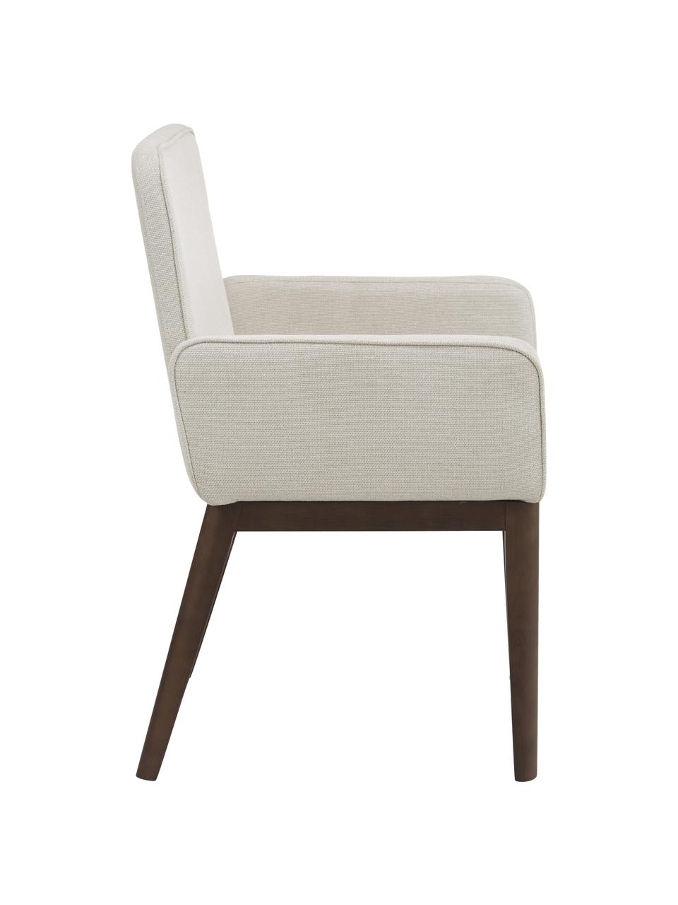 Silla con reposabrazos tapizada Koga, Tapizado: 100% poliéster Alta resis, Patas: madera de fresno, Estructura: metal, Tejido blanco crema, madera de fresno oscura, An 54 x Al 86 cm